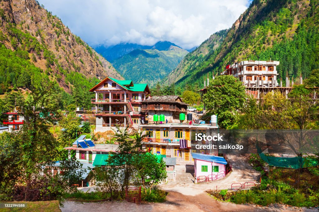 Local houses in Kasol village, India Local houses in Kasol village in Himachal Pradesh state in India Hotel Stock Photo