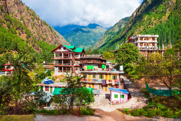 Local houses in Kasol village, India Local houses in Kasol village in Himachal Pradesh state in India kullu stock pictures, royalty-free photos & images