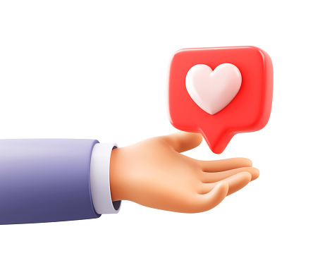 Cartoon hand holding social media like icon. 3d illustration.