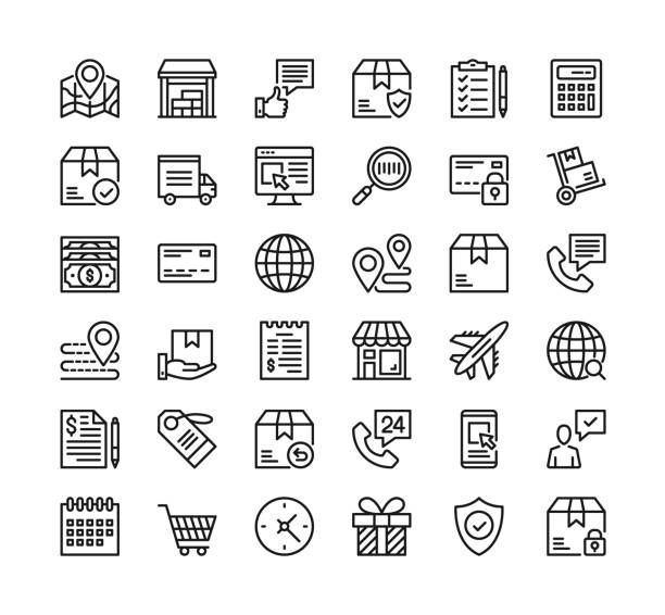 ilustrações de stock, clip art, desenhos animados e ícones de delivery line icons. vector thin line design. shipping, parcel tracking, import, wholesale, ecommerce, shipment, transportation, logistics concepts. premium quality. modern linear simple outline symbols collection. pixel perfect. vector delivery icons set - export