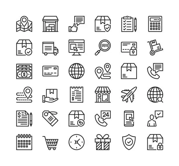 Vector illustration of Delivery line icons. Vector thin line design. Shipping, parcel tracking, import, wholesale, ecommerce, shipment, transportation, logistics concepts. Premium quality. Modern linear simple outline symbols collection. Pixel perfect. Vector delivery icons set