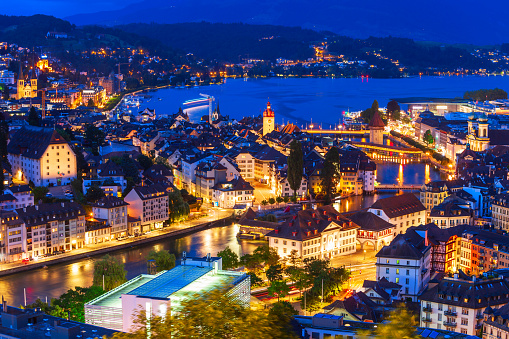 Lucerne city aerial panoramic view. Lucerne or Luzern is a city in central Switzerland.