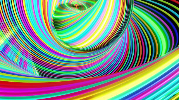istock 3d render. Abstract geometric bg with rings form complex twisted spiral and light effects. Rings flash neon multicolor lights. Neon ring bulbs for show or events, festivals or concerts 1322199372