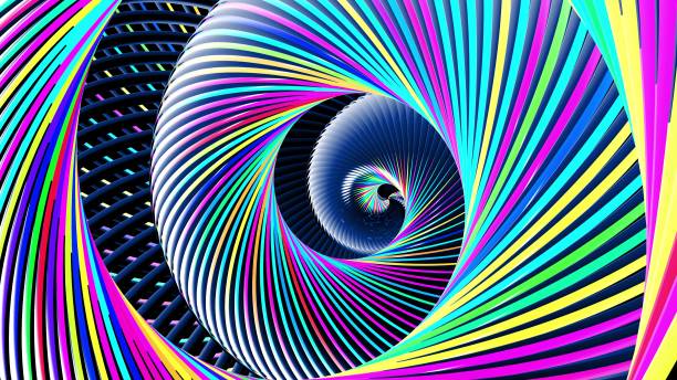 istock 3d render. Abstract dark background with curved lines like tubes twisted in helix and multicolor neon light on tubes. Round composition. Abstract spiral 1322200433
