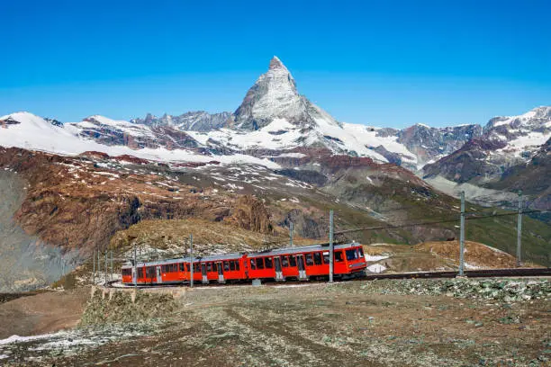 Train near the Gornergrat Bahn Railway, a mountain rack railway near Zermatt town in the Valais canton of Switzerland