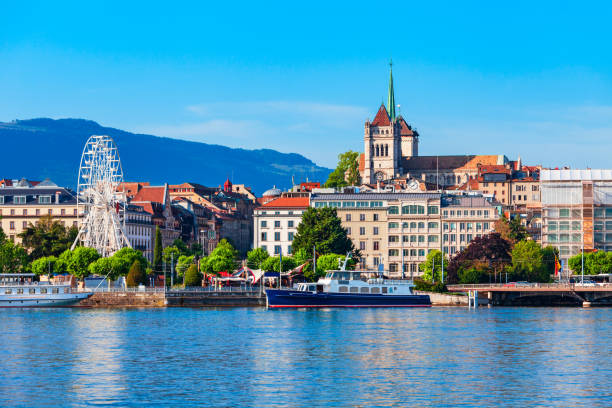 vista panorámica de ginebra en suiza - blue outdoors nobody switzerland fotografías e imágenes de stock
