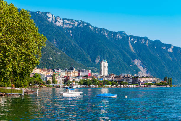 Montreux town on Lake Geneva Montreux harbor with yachts and boats. Montreux is a town on the Lake Geneva at the foot of the Alps in Switzerland montreux stock pictures, royalty-free photos & images