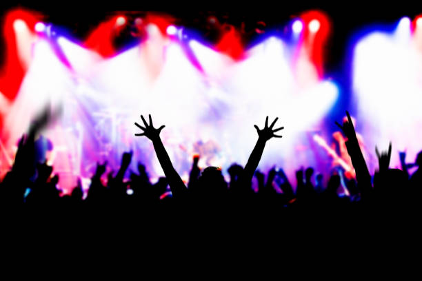 Concert Excitement Fans raising hands in excitement at a music concert, some blur and noise because of low light and fast movement mosh pit stock pictures, royalty-free photos & images