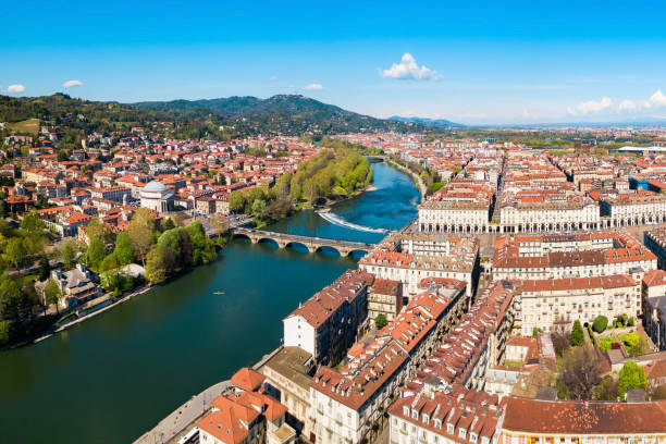 Turin aerial panoramic view, Italy stock photo