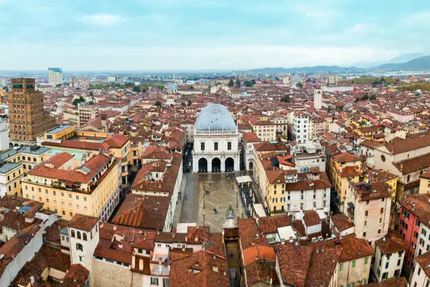 Piazza della Loggia aerial panoramic view, a one of the main squares of Brescia city in north Italy