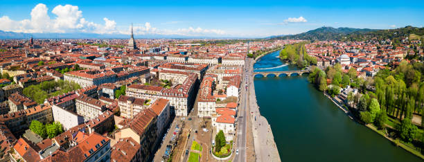 Turin aerial panoramic view, Italy Turin city aerial panoramic view, Piedmont region of Italy turin stock pictures, royalty-free photos & images