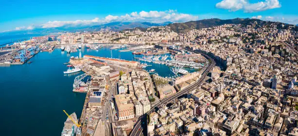 Genoa port aerial panoramic view. Genoa or Genova is the capital of Liguria region in Italy.