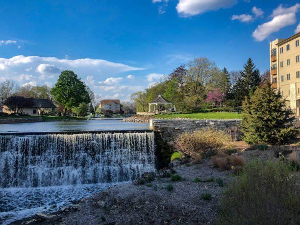 This magnificent waterfall is located in downtown Menomonee Falls, Wisconsin.  It is shown here during the summertime.