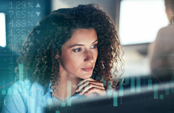 Digitally enhanced shot of an attractive businesswoman working in the office superimposed over a graph showing the ups and downs of the stock market Let me think about this woman trading stocks stock pictures, royalty-free photos & images