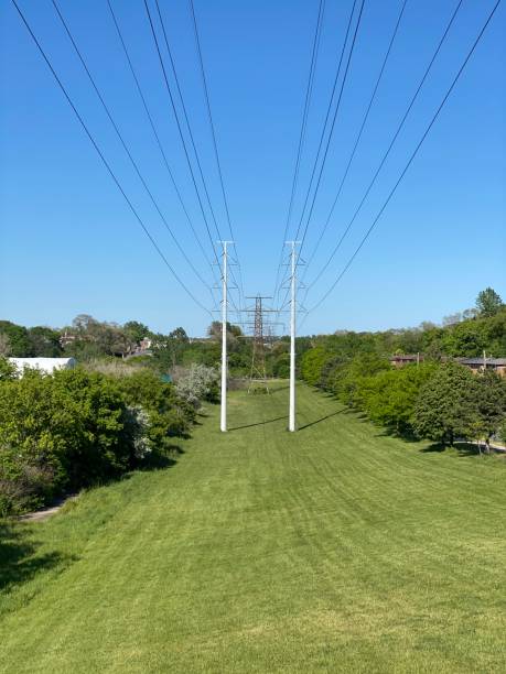 Power Lines Seen from a Hill stock photo