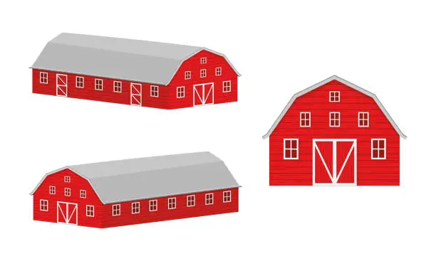 Vector illustration of Wooden barn front view and isometric projection. Red farm warehouse building isolated on white background. Vector cartoon illustration