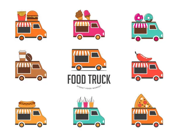 Vector illustration of Food truck fair, Night market, Summer fest, food and music street fair, family festival poster and banner