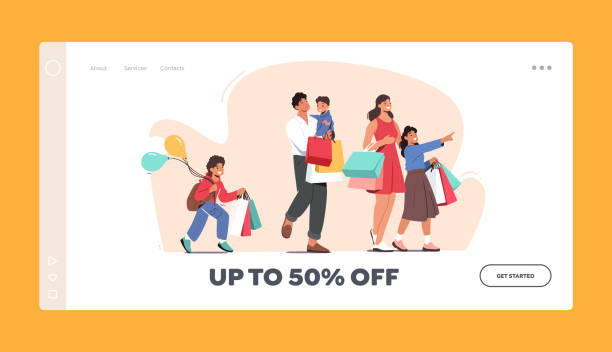 Happy Family Shopping Landing Page Template. Father, Mother and Little Kids Holding Paper Bags and Balloons Visit Shop Happy Family Shopping Landing Page Template. Father, Mother and Little Kids Holding Paper Bags and Balloons Visiting Supermarket, Children with Parents in Shop, Sale Off. Cartoon Vector Illustration happy family shopping stock illustrations