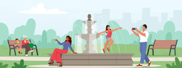 Happy Characters Walking in Park, Little Girl Posing for Father on Fountain, Woman Sitting on Parapet, Boy and Granny Happy Characters Walking in City Park, Girl Posing for Father on Fountain, Woman Sitting on Parapet, Little Boy and Grandmother Enjoying Ice Cream Sitting on Bench. Cartoon People Vector Illustration family photo on wall stock illustrations