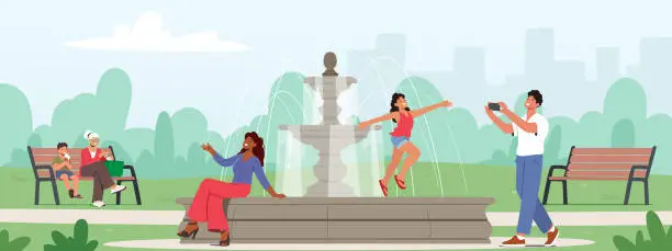 Vector illustration of Happy Characters Walking in Park, Little Girl Posing for Father on Fountain, Woman Sitting on Parapet, Boy and Granny