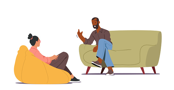 Doctor, Specialist Character Talking with Patient about Mind Health Problem. Depressed Man Sitting on Couch at Psychologist Appointment Need for Professional Help. Cartoon People Vector Illustration