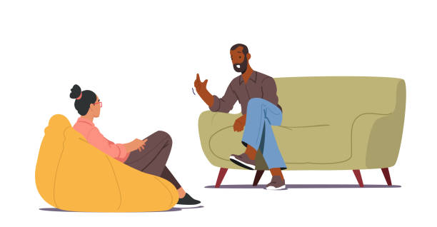 Doctor, Specialist Talking with Patient about Mind Health Problem. Depressed Man Sitting on Couch at Psychologist Office Doctor, Specialist Character Talking with Patient about Mind Health Problem. Depressed Man Sitting on Couch at Psychologist Appointment Need for Professional Help. Cartoon People Vector Illustration counseling stock illustrations