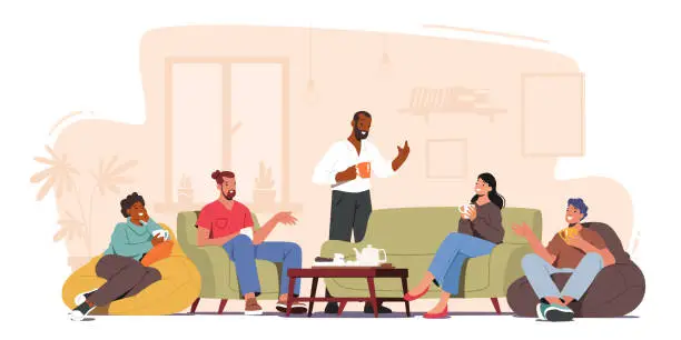 Vector illustration of Group of Characters Celebrate Party at Home Sitting at Table in Living Room Eating Cookies, Drink Tea, Friends Leisure