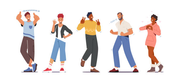 People Showing Positive Gesture. Happy Young Male and Female Characters Show Thumb Up, Ok Symbol, Victory, Yeah or Heart People Showing Positive Gestures. Happy Young Male and Female Characters Show Thumb Up, Ok Symbol, Victory, Yeah and Heart Gesturing. Happiness Emotions, Language. Cartoon People Vector Illustration excited stock illustrations