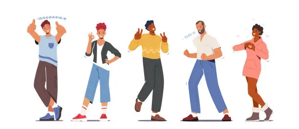 Vector illustration of People Showing Positive Gesture. Happy Young Male and Female Characters Show Thumb Up, Ok Symbol, Victory, Yeah or Heart