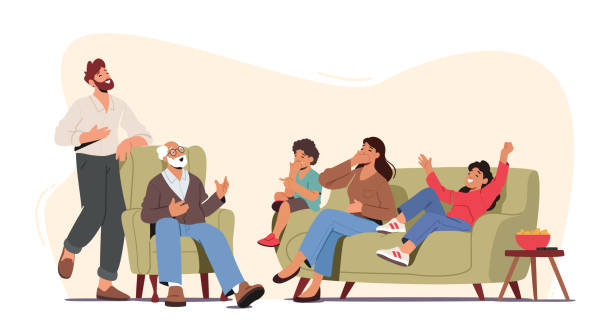 счастливые семейные персонажи смеются. отец, мать, дедушка и дети рассказывают смешные истории, проводят время вместе - telling time stock illustrations