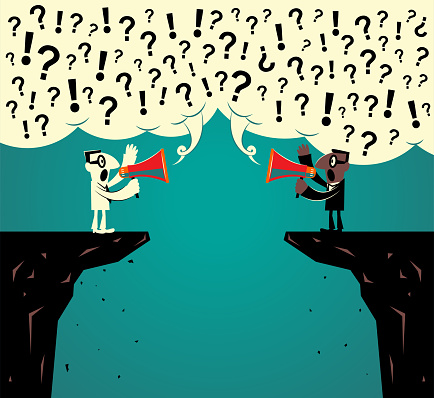 Business characters vector art illustration full length.
Bridging The Gap, Two businessmen with a megaphone standing at the edge of the cliff communicate with each other, speech bubble with Question Mark and Exclamation Point.