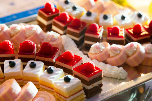 Buffets such as strawberry cakes and blueberry cakes