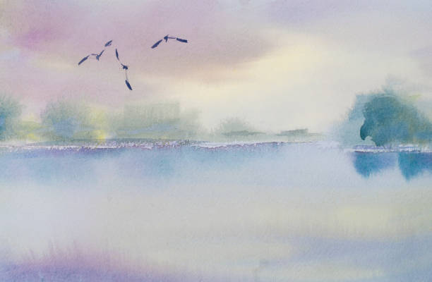 istock Watercolor gentle morning landscape with a lake and seagulls 1322216725
