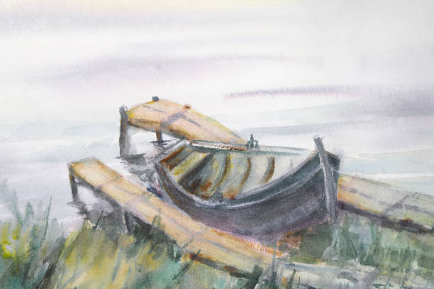 istock Watercolor drawing wooden boat on a sunset background 1322216961