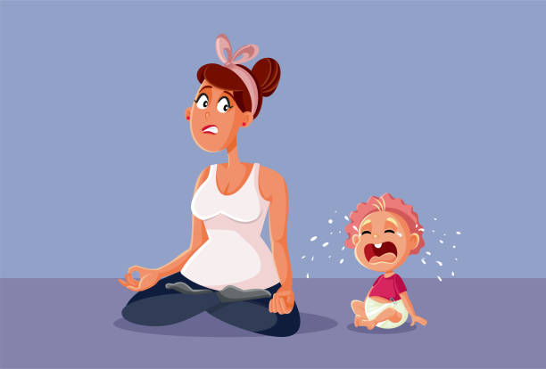 Baby Crying Next to Stressed Mom Trying to Relax Mother ignoring her child who screams for attention and care crying baby cartoon stock illustrations