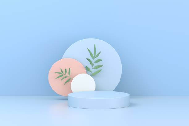 Minimal scene with podium, stand, platform and abstract background. Pastel blue and white colors scene. Trendy 3d render for social media banners, promotion, product.