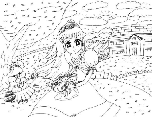 Bright Smiling Young Girl in Gown with Droopy-Eared Cartoon Bunny Rabbit Children's Coloring Page Illustration 2021 Bright Smiling Young Girl in Gown with Droopy-Eared Cartoon Bunny Rabbit Children's Coloring Page Illustration with Vector 2021. black and white anime girl stock illustrations