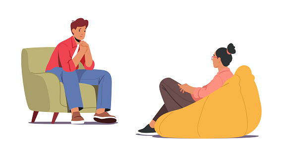 Depressed Man Sitting on Couch at Psychologist Appointment for Professional Help. Doctor, Specialist Character Talking with Patient about Mind Health Problem. Cartoon People Vector Illustration
