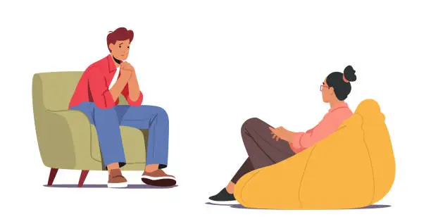 Vector illustration of Depressed Man Sitting on Couch at Psychologist Appointment for Professional Help. Doctor Specialist Talking with Patient