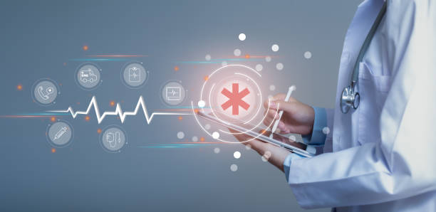 Emergency Medical Services concept. Doctor hand holding tablet and icon emergency medical network connection  on virtual screen interface. Modern medical technology and innovation. Emergency Medical Services concept. Doctor hand holding tablet and icon emergency medical network connection  on virtual screen interface. Modern medical technology and innovation. emergency medicine stock pictures, royalty-free photos & images