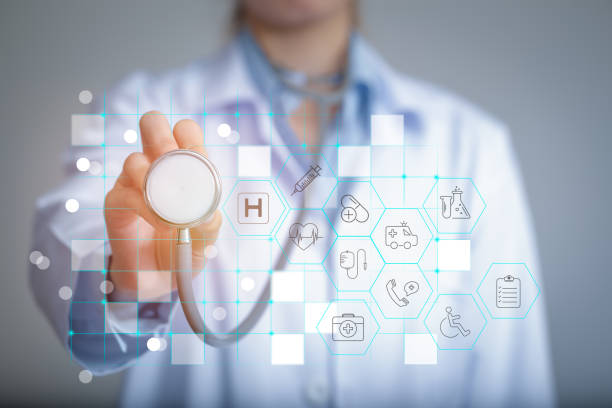 istock Doctor with stethoscope in hand and icon medical network connection on modern virtual screen interface. innovation and medical technology concept. 1322233232