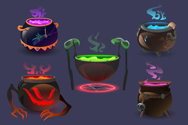 Witch cauldrons with magic potions and elixir Witch cauldrons with magic potions and elixir boiling. Wizard pots with colorful liquid and smoke. Ui design elements for computer game, magician poison brew, decoction isolated Cartoon vector set cauldron stock illustrations