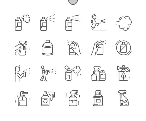 ilustrações de stock, clip art, desenhos animados e ícones de spray. garden spray. aerosol, disinfection, care, bottle, splash, liquid, household. press spray. pixel perfect vector thin line icons. simple minimal pictogram - spraying