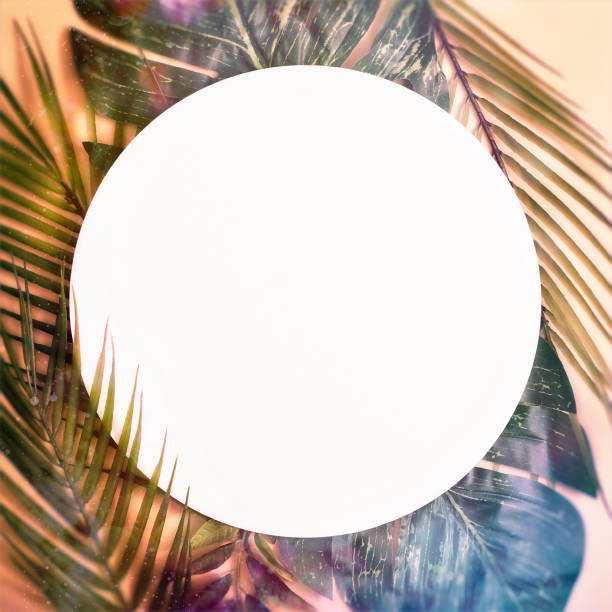 istock Minimal summer concept with palm tree leaf. Creative copyspace with paper frame. Colorful spring  background with paper card note. 1322238163