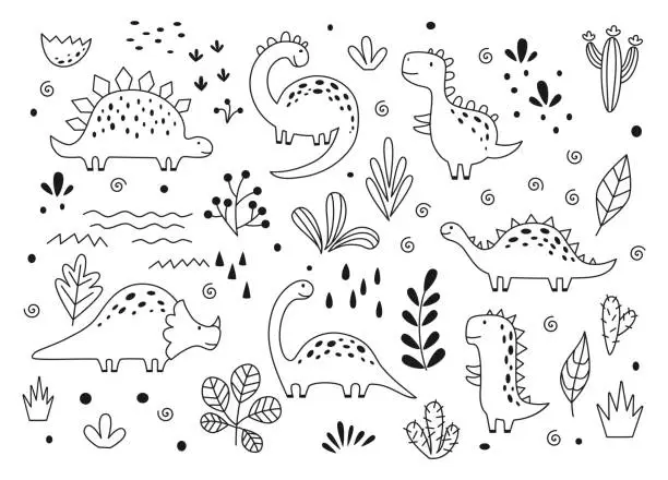 Vector illustration of Cute dinosaurs and tropic plants in outline sketchy style. Funny cartoon dino set. Hand drawn vector doodle set for kids