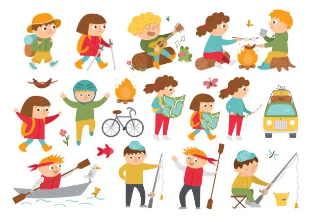 Vector illustration of Cute hiking kids doing summer activities. Vector summer camp set. Camping, fishing, rafting, trekking children collection. Outdoor nature tourism icons pack. Woodland travel tourists