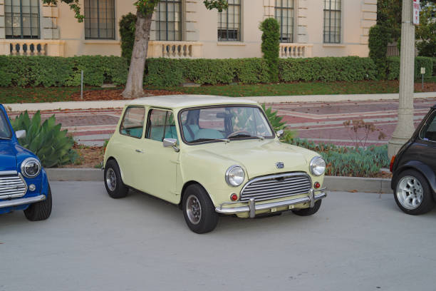 Pasadena, California, USA - June 5, 2021: this image shows a Mini Austin parked in front of the Pasadena City Hall.