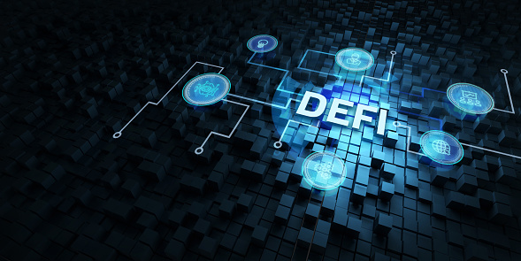 DeFi -Decentralized Finance sobre fondo poligonal abstracto azul oscuro. Concepto de blockchain, sistema financiero descentralizado photo