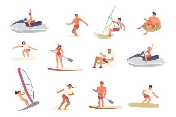 Vector illustration of Men an women ride the Barreled Rushing Waves