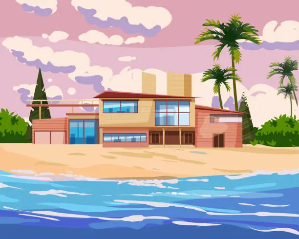 Vector illustration of Villa on tropical exotic island coast. Modern luxury cottage, ocean, beach, palms and plants, summertime landscape seachore. Vector illustration